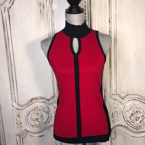 Carmen Marc Valvo Stunning Peep Hole Red with Black Accents Mock Neck Top S/S